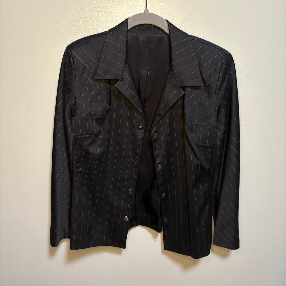Black Pinstripe Made in USA Snap Button Vintage Collared Blazer Shoulder Pads